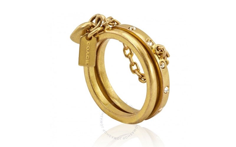 Coach Pave Double Finger Chain Sculpted Heart Ring