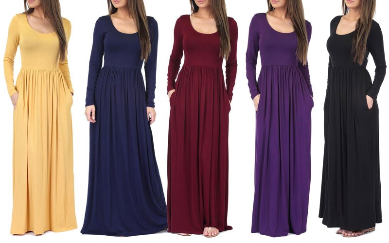Womens Long Sleeve Ruched Maxi Dress with Pockets