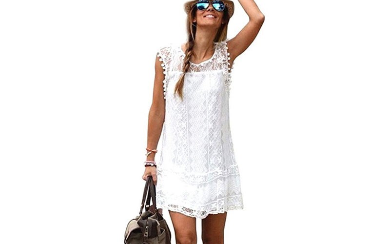 MeiMei Womens O Neck Sleeveless Hollow Lace Mini T-Shirt Dress