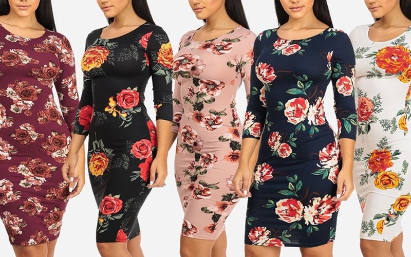 Casual Floral-Print 3/4-Sleeve Slip-On Fitted Bodycon Midi Dress