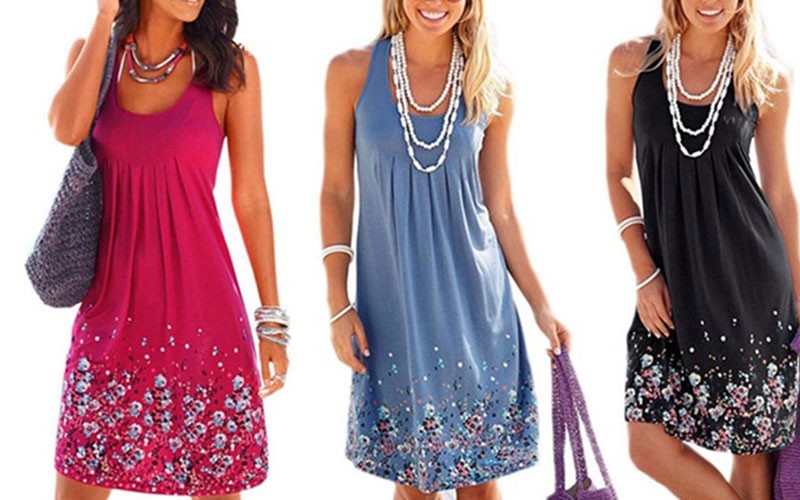 Womens Summer Casual Sleeveless Mini Printed Vest Casual Dresses