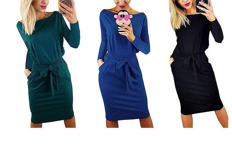 Womens Fashion Casual Long Sleeve Knee Length Belted Dress Pockets