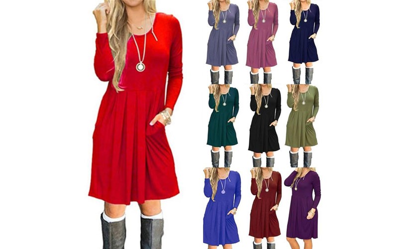 Women Dress Long Sleeve Pullover Round Pocket Dresses Mini Dress