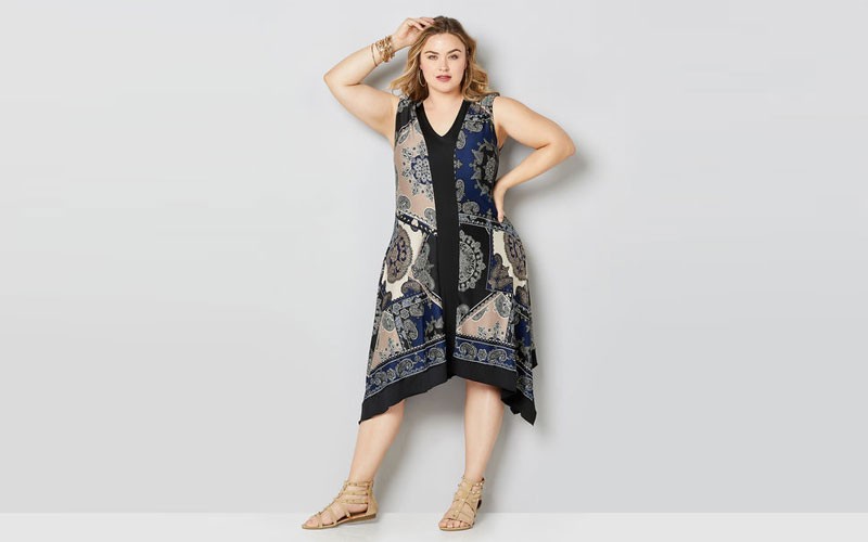 Sleeveless Retro Patchwork Print Dress Sharkbite Hem