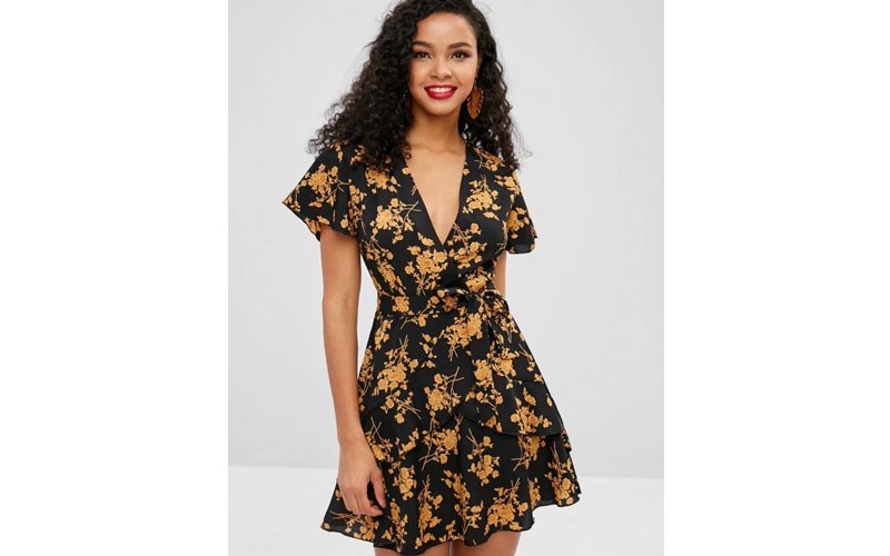 Floral Print Ruffles Belted Surplice Dress