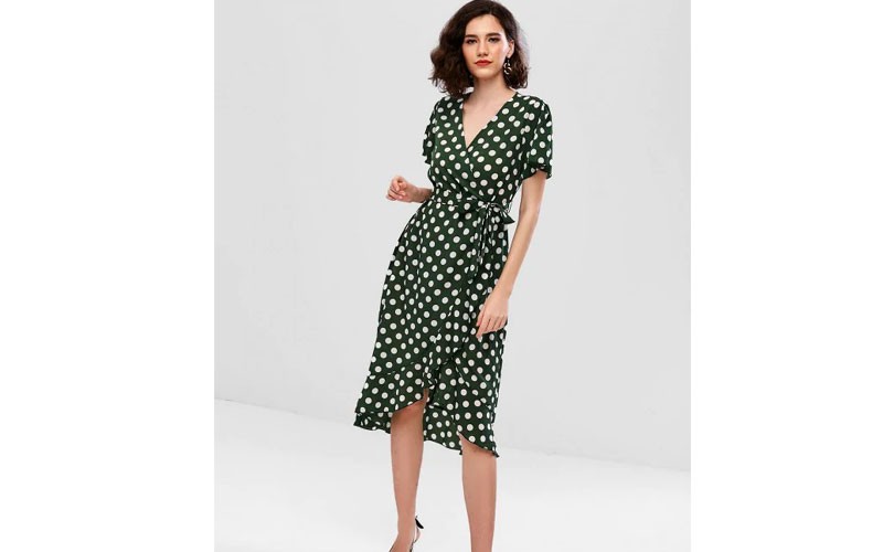 ZAful Belted Polka Dot Ruffles Surplice Dress Sea Turtle Green M