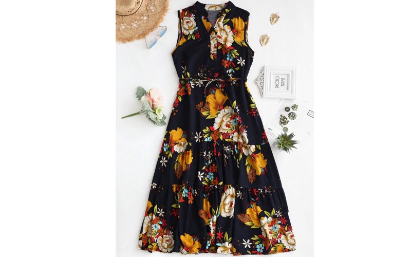 ZAful Floral Print Belted Sleeveless Dress Goldenrod M