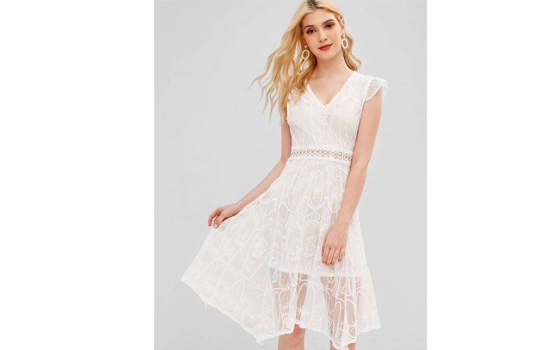 ZAful Embroidered Open Back Dress White S