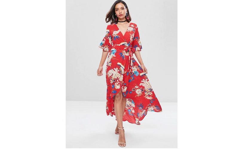 Bell Sleeve Floral Faux Wrap Maxi Dress Red S