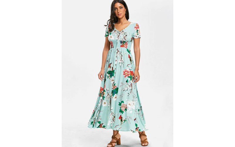 V-neck Chiffon Maxi Floral Dress Turquoise Xl