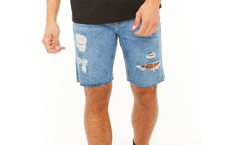 Distressed Raw-Cut Denim Shorts For Mens