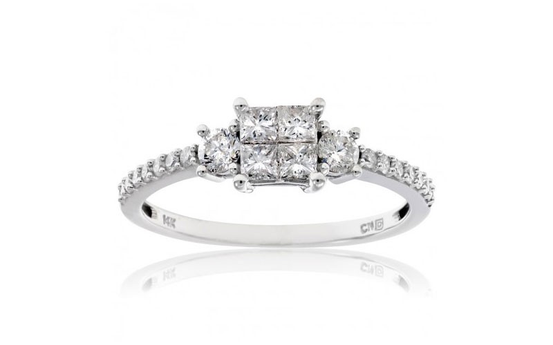 Amour 3/4 CT Princess and Round Diamonds TW Engagement Ring 14k White Gold GH I2