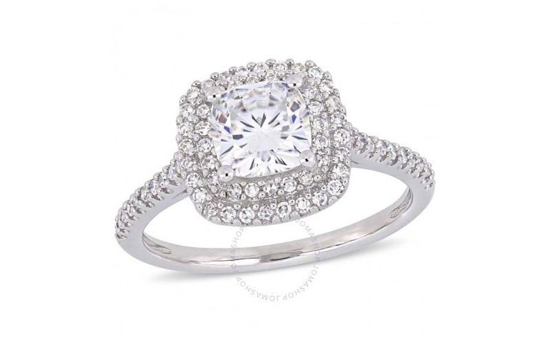 Amour 1CT TGW Cushion-Cut Moissanite and 1/3 CT TW Diamond Double Halo Engagemen