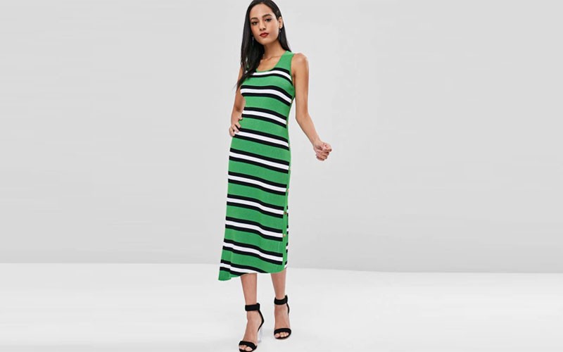 Maxi Striped Slit Knit Tank Dress Green