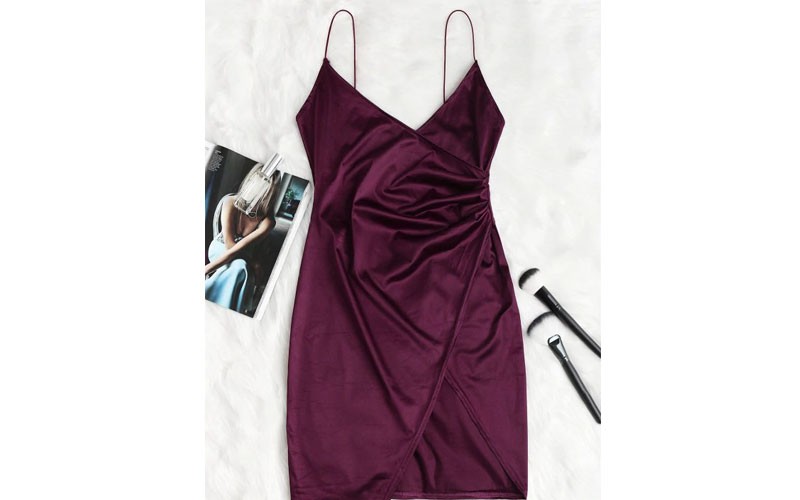 Cami Draped Crossover Slip Party Dress Plum Velvet M