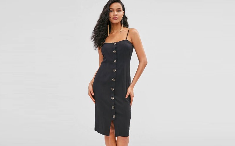 Zaful Bodycon Cami Button Fly Dress Black S