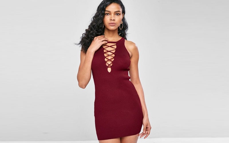 Lace-up Short Bodycon Knit Dress Red Wine