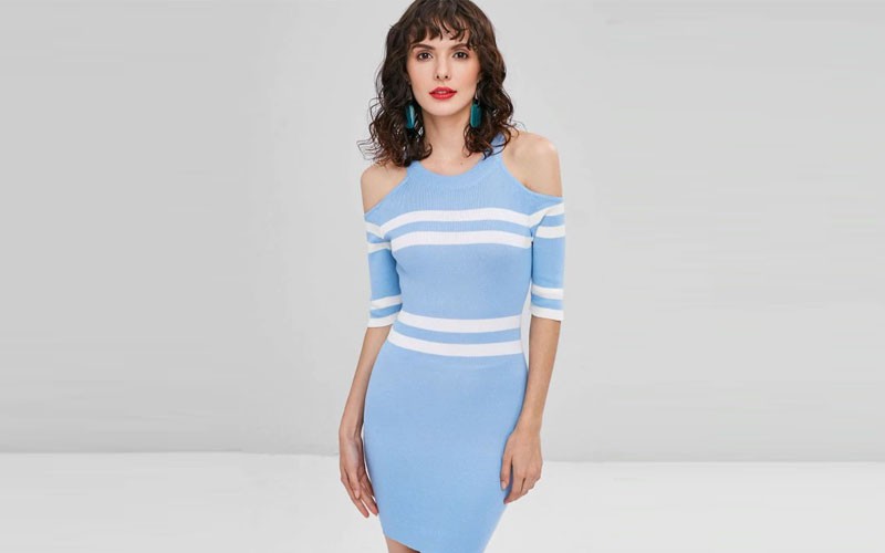 Stripe Bodycon Cold Shoulder Dress Light Blue
