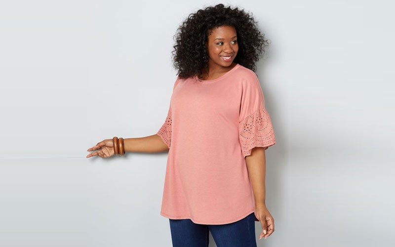 Eyelet Trim Bell Sleeve Top For Womens
