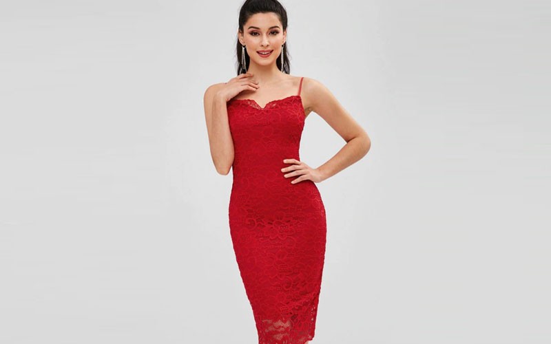 Lace Cami Bodycon Party Dress Red M