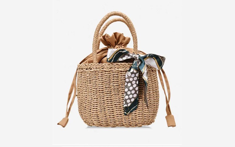 Drawstring Straw Mini Beach Handbag Light Brown