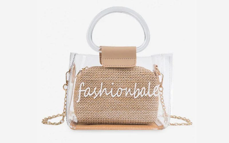  Letter Print Transparent Chain Tote Bag Khaki