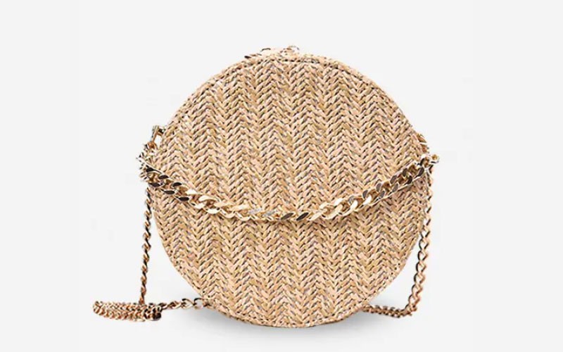 Zipper Chain Straw Round Shoulder Bag Khaki