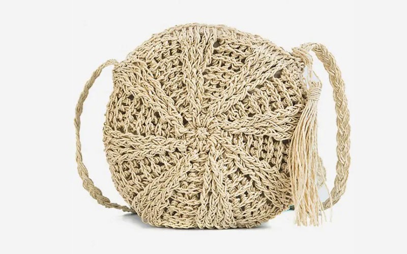 Round Shape Straw Woven Crossbody Bag Beige