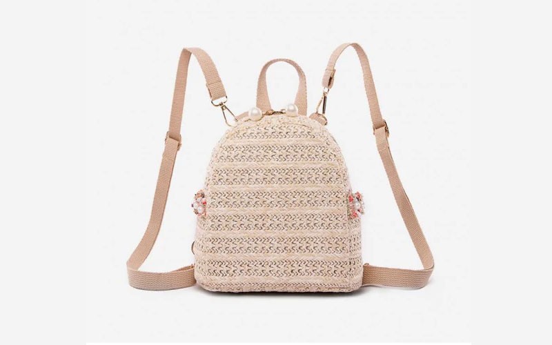 Woven Straw Mini Backpack Beige