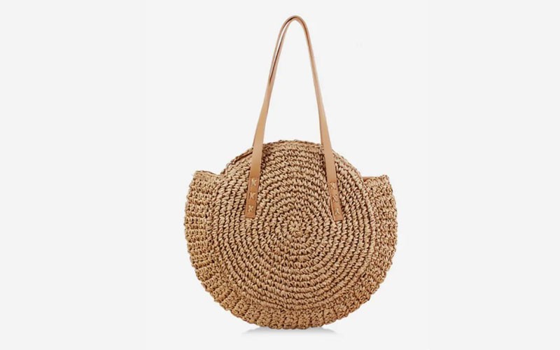 Round Beach Shoulder Straw Bag Light Brown