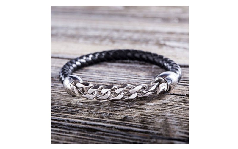 Mens Stainless Steel Cuban Chain & Black Braided Bracelet