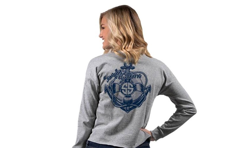 Simply Southern Anchor Cropped Long Sleeve T-Shirt for Women in Heather Grey