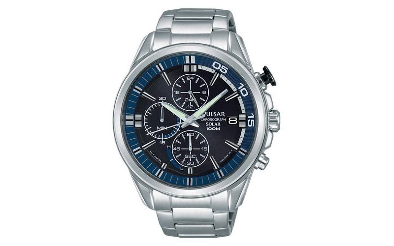 Pulsar Mens Solar Chronograph Stainless Steel Blue Dial Bracelet Date