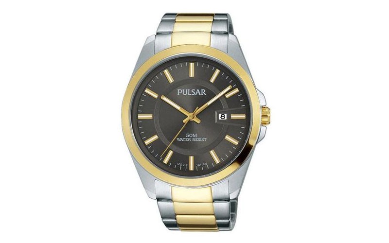 Pulsar Mens Business Dress Watch Gray Dial Two-Tone Date 50m
