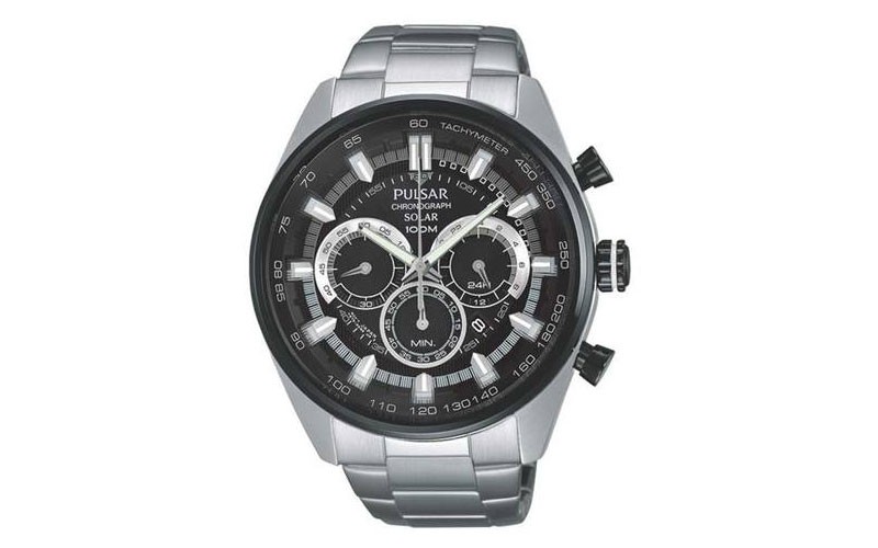 Pulsar Mens On The Go Solar Chronograph Black Dial With Silver Accents 100M