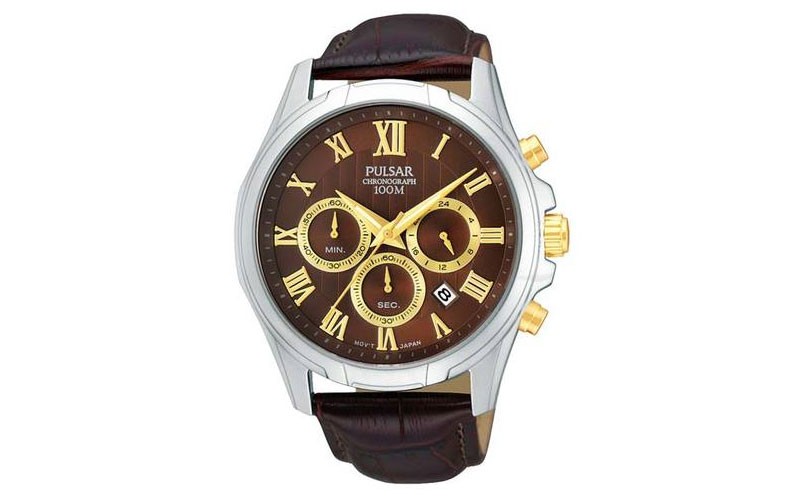 Pulsar Mens Business Chronograph SS Case With Gold-Tone Accents Brown Dial