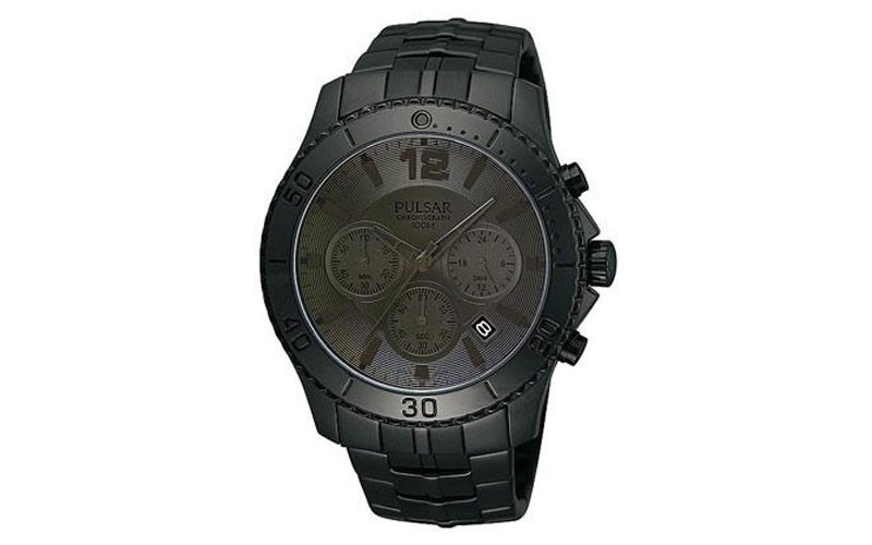 Pulsar Mens 100M Chronograph Black Dial, Case And Bracelet Date Display