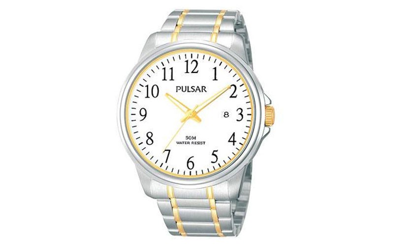 Pulsar Mens Two-Tone Date Watch White Dial With Luminous Hands 43mm Case