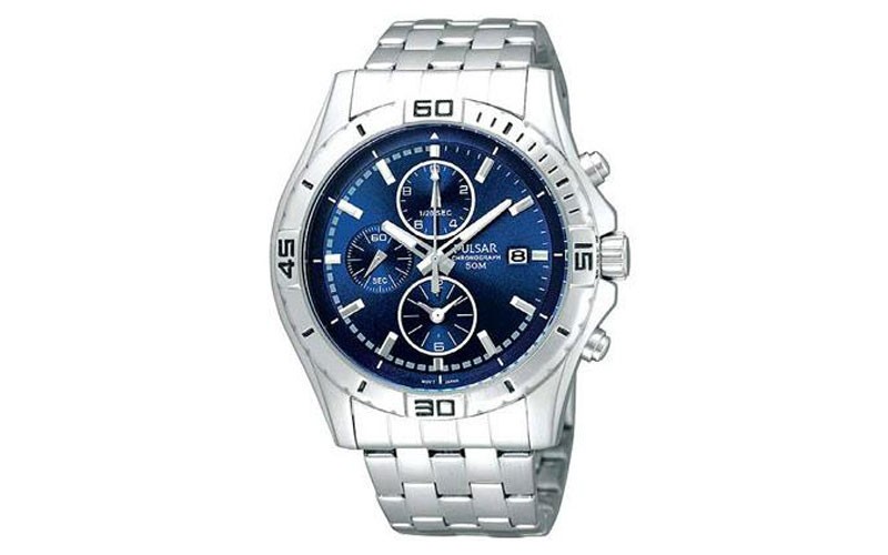 Pulsar Mens Chronograph Blue Dial Silver Tone Luminous Hands And Markers