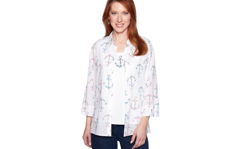 Plus Size Alfred Dunner Smooth Sailing Anchor 2Fer Blouse