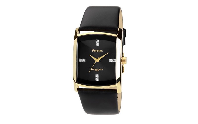 Armitron Mens Watch w/Goldtone Case Swarovski Crystal Black Dial