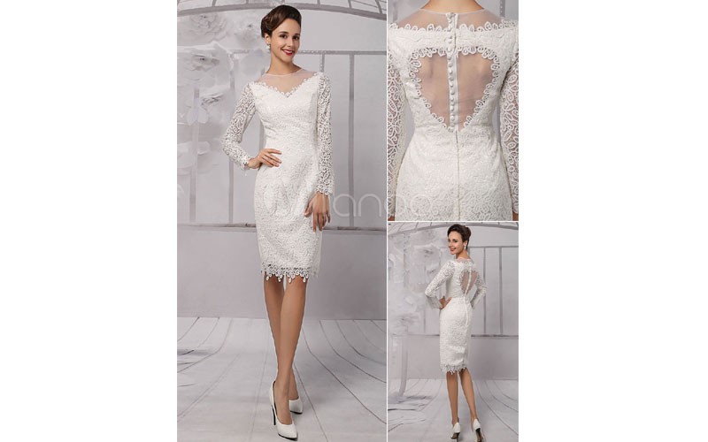 wedding dresses 2019 short long sleeve Illusion Neckline koyhole Knee length She