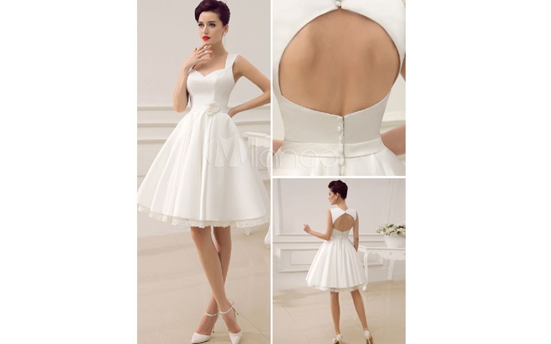 Short Wedding Dresses Satin 1950's Vintage Bridal Dress Queen Anne Neck Open Bac