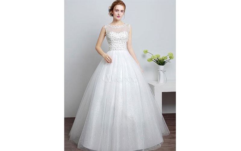Princess Wedding Dress Ivory Sweetheart Illusion Neckline Cut Out Floor Length
