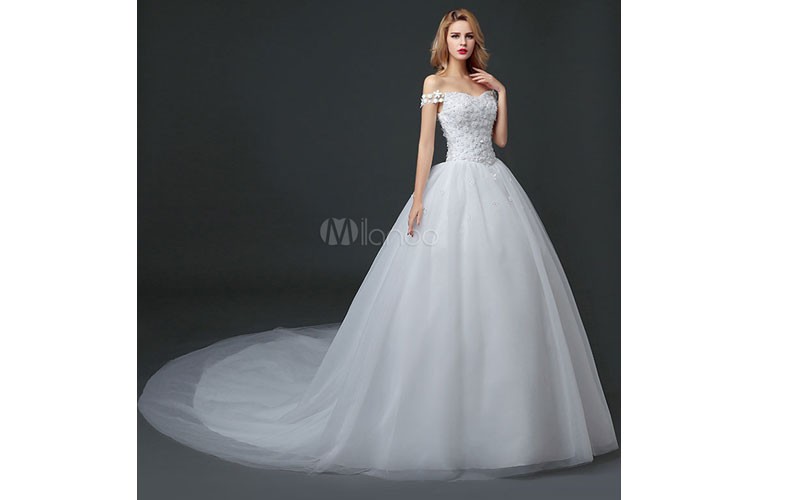 Princess Wedding Dresses Off The Shoulder Lace 3D Flowers Applique Tulle Ivory
