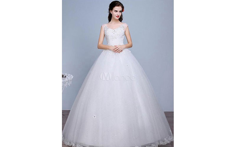 Ivory Wedding Dress Lace Sleeveless V Neck Rhinestones Beaded A-Line Floor