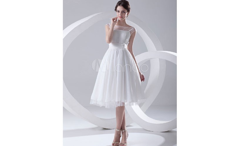 Tea-Length Illusion Wedding Dress White Chiffon Wedding Gown