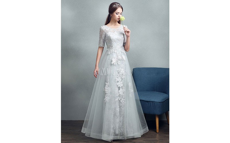 Summer Wedding Dresses 2019 Grey Lace Applique Maxi Bridal Gown Backless Half Sl