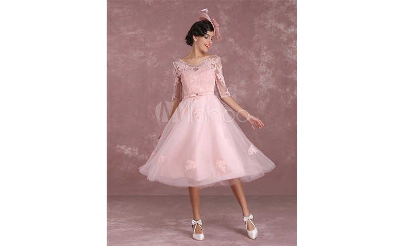 Short Wedding Dresses 2019 Vintage Soft Pink Bridal Gown Lace Applique Illusion