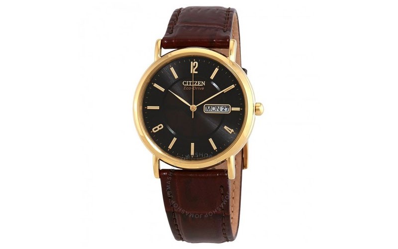 Citizen Eco Drive Black Dial Brown Leather Mens Watch